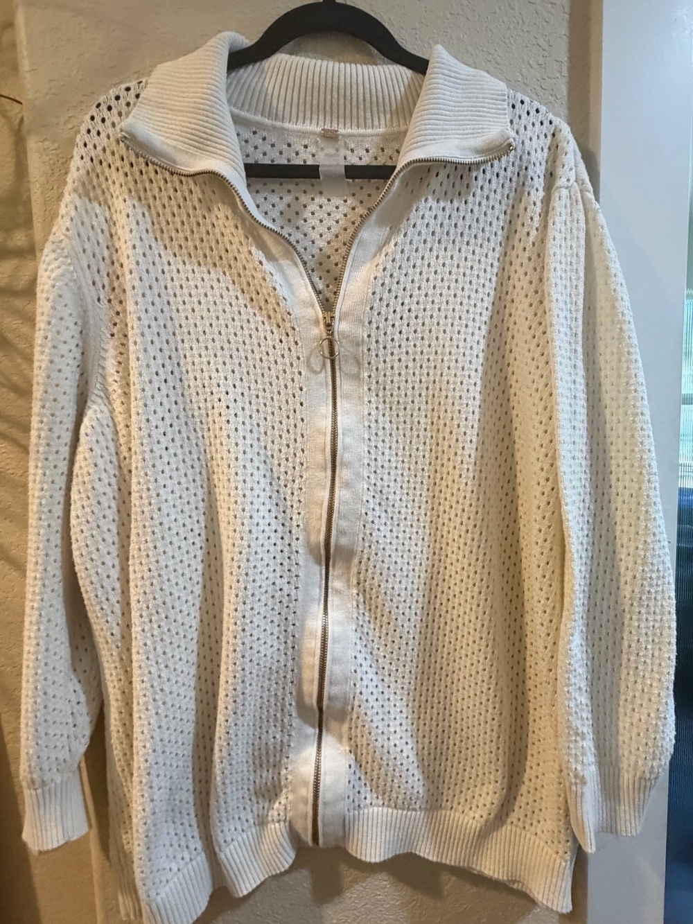 Zuda Ivory Open-Weave Zip Front Cardigan